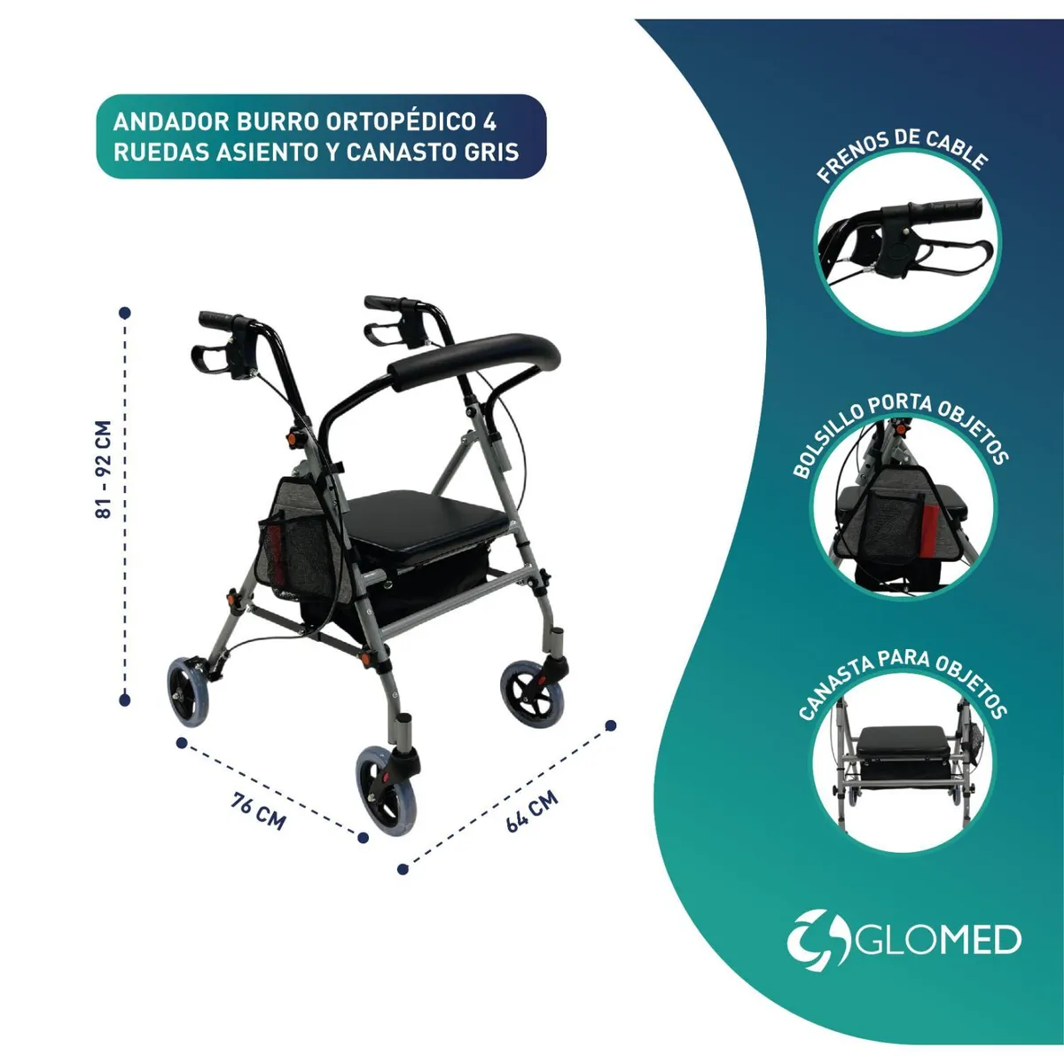 GLOMED - Andador Burro Ortopédico 4 Ruedas Asiento Y Canasto Gris GLOMED