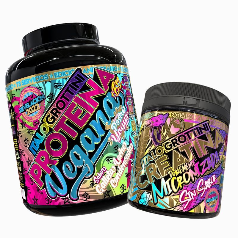 ITALO GROTTINI - CREATINA MONOHIDRATADA 300GR PACK PROTEINA VEGANA  G. LECHE CONDENSADA