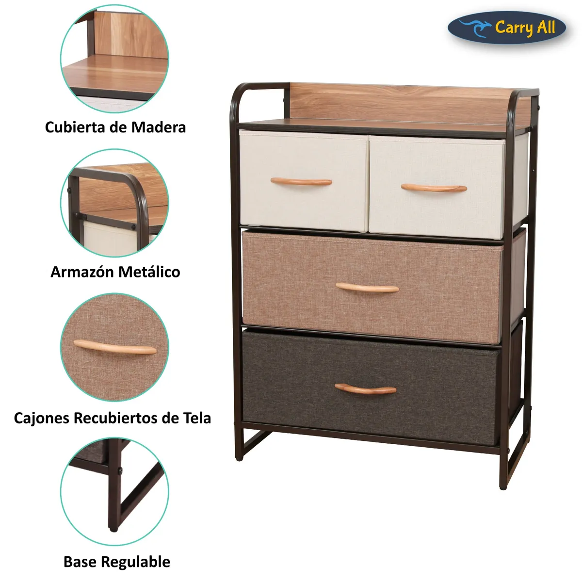 CARRY ALL - Cajonera Organizador Comoda 4 Cajones Metal Madera Tela.