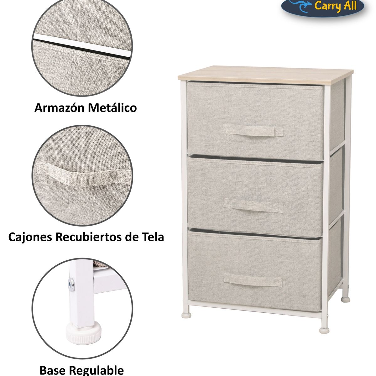 CARRY ALL - Cajonera Velador Organizador 3 Cajones Metal Madera Tela.