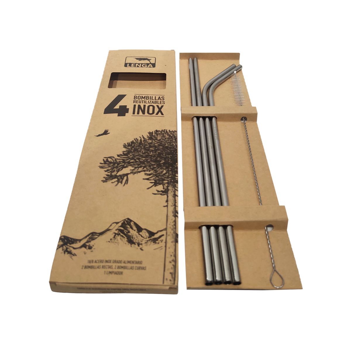 LENGA - Set 4 Bombillas Y 1 Accesorio Limpieza Acero Inox Lenga