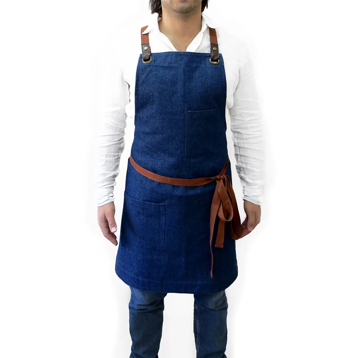 INDUSBORD - Pechera Jeans Azul Modelo Crossback Barista  - Tirante Cafe