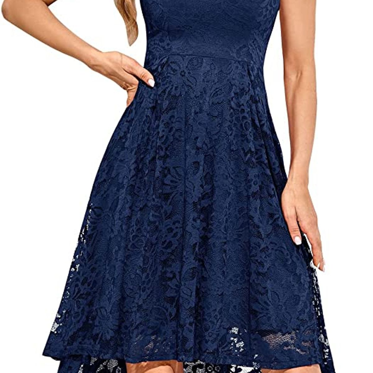 GENERICO - VESTIDO ASIMETRICO TODO DE ENCAJE SIN MANGAS CUELLO V IDEAL PARA FIESTA