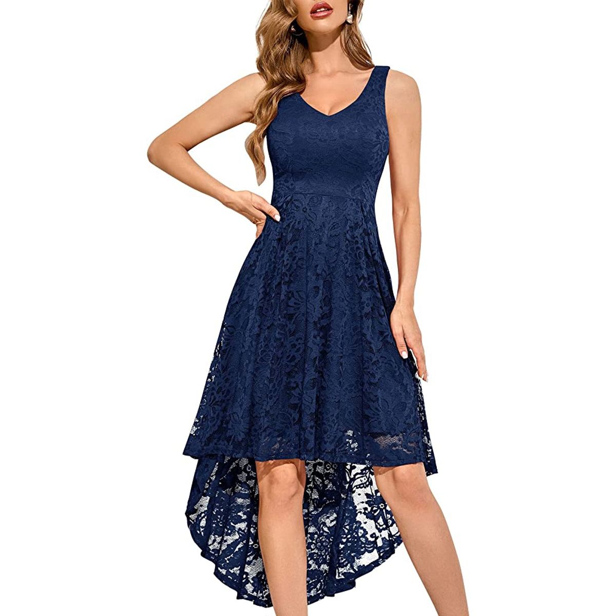 GENERICO - VESTIDO ASIMETRICO TODO DE ENCAJE SIN MANGAS CUELLO V IDEAL PARA FIESTA