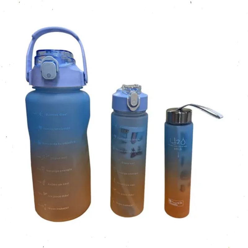 GENERICO - Pack De 3 Botellas Motivacional 2 Lts 900ml 300ml Agua azul