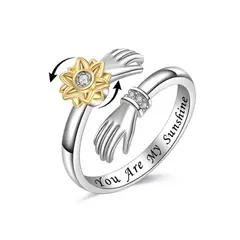 GENERICO - Anillo plata 925 abrazo girasol ajustable giratorio anti estres