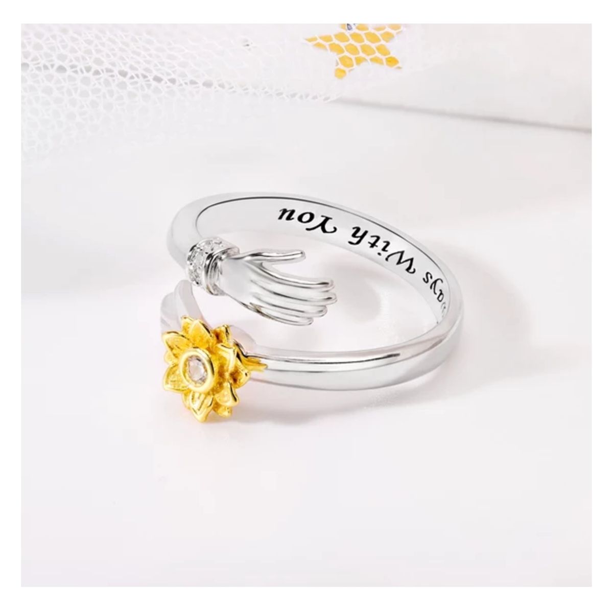 GENERICO - Anillo plata 925 abrazo girasol ajustable giratorio anti estres