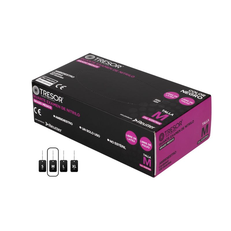 REUTTER - Guantes de Nitrilo Negros Talla M * 100 Unidades