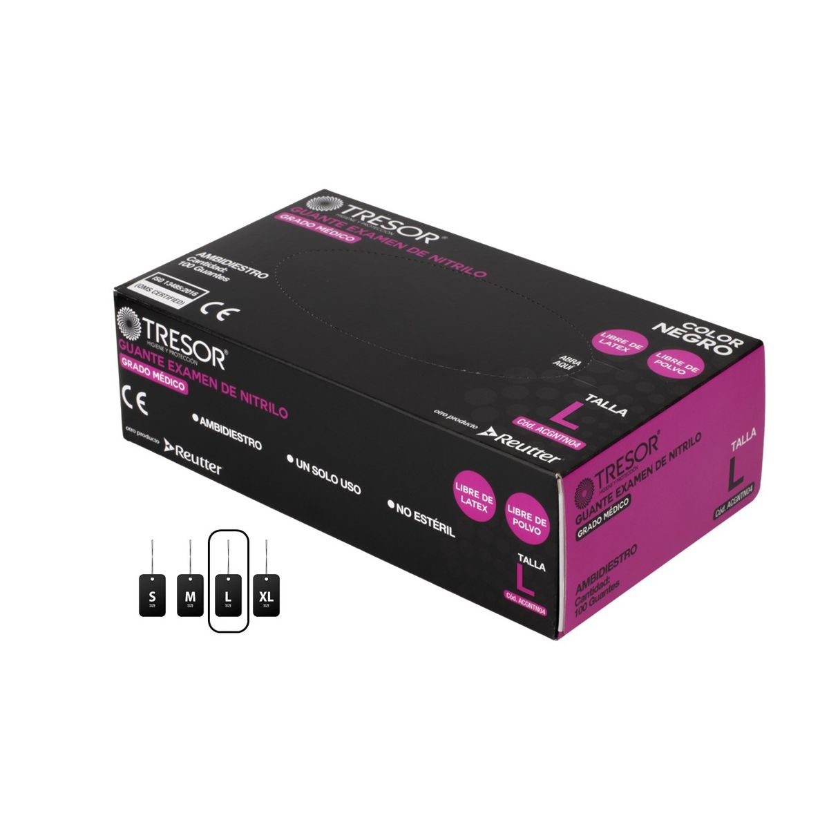 REUTTER - Guantes de Nitrilo Negros Talla L * 100 Unidades