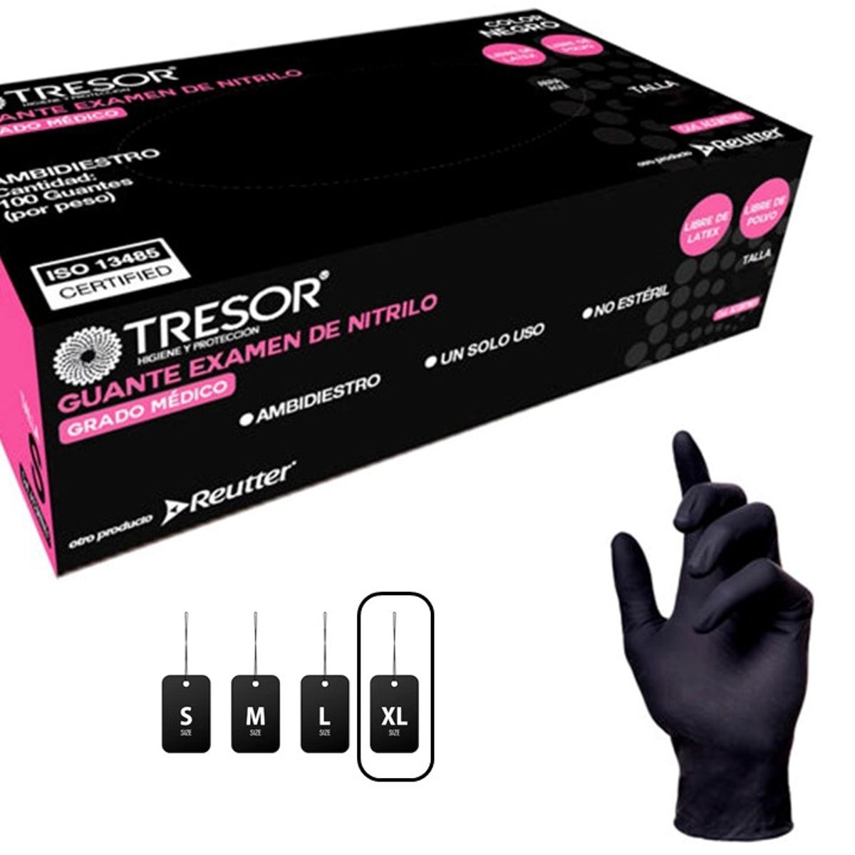 REUTTER - Guantes de Nitrilo Negros Talla XL * 100 Unidades