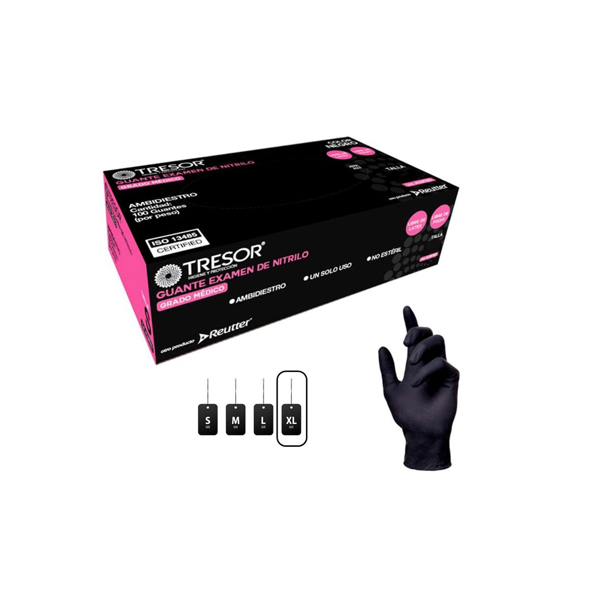 REUTTER - Guantes de Nitrilo Negros Talla XL * 100 Unidades