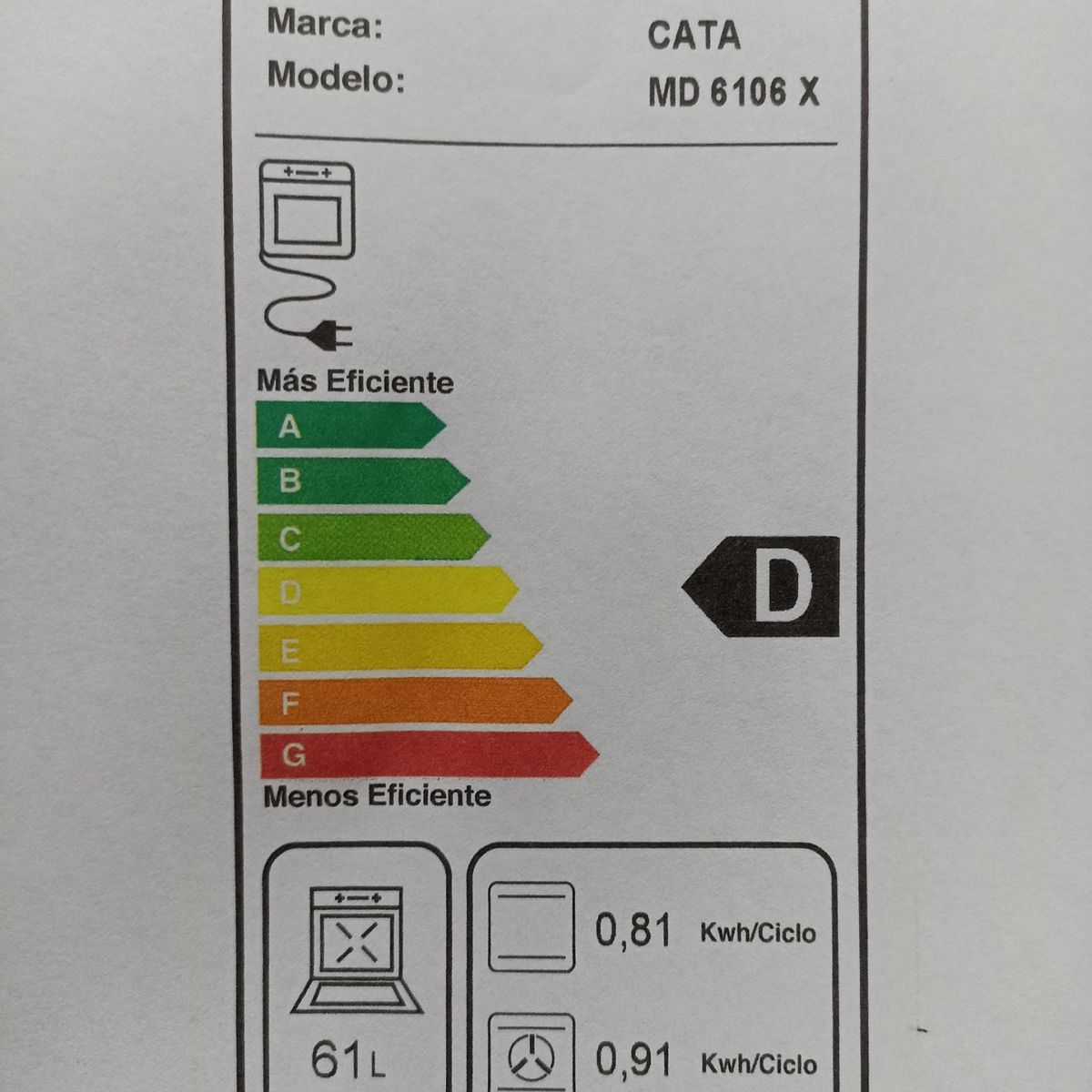 CATA - Horno Empotrable Eléctrico Digital 60 Litros MD 6106X