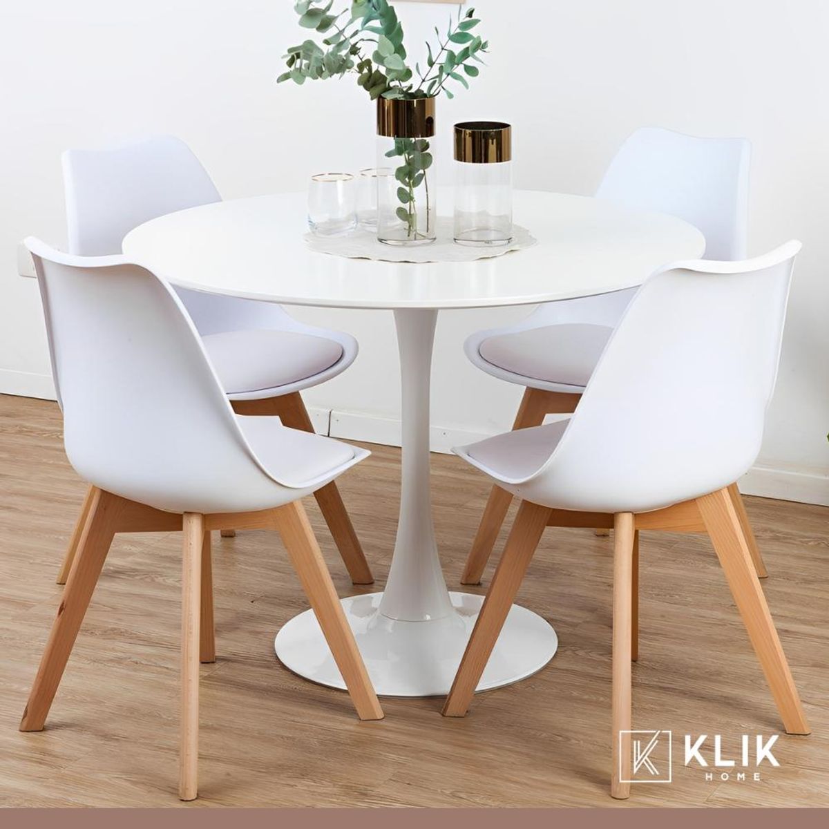 KLIK - Comedor Mesa Tulip Blanca + 4 Sillas Tulip Blancas