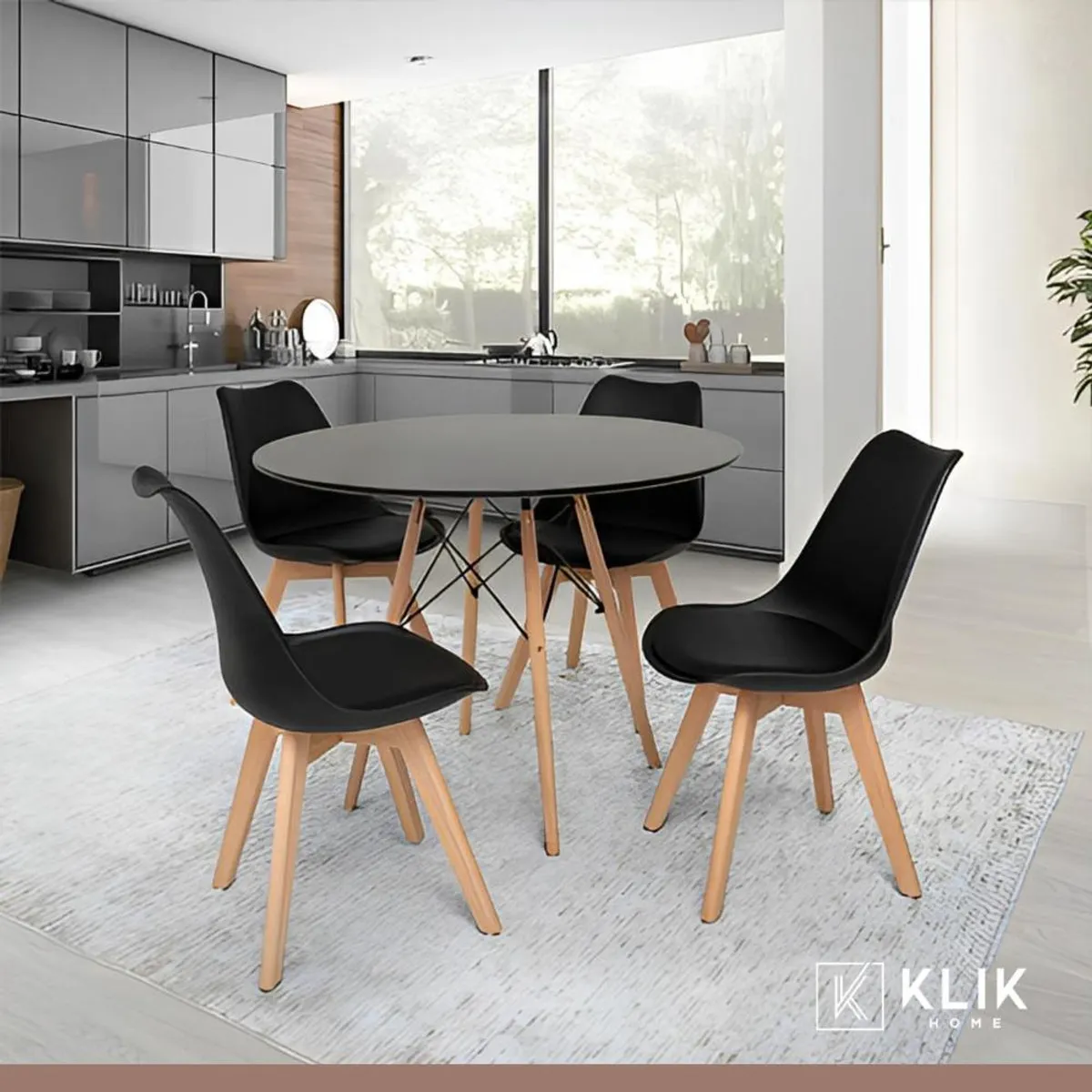 KLIK - Comedor Eames negro redondo 80cm - 4 Sillas tulip negras KLIK