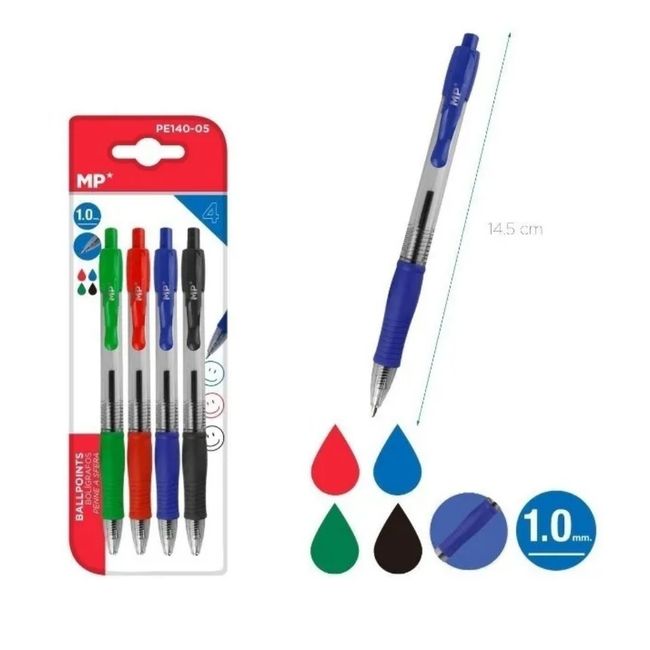 GENERICO - Lapiz Pasta 1.0 Mm Punta Colores 4 Unidades