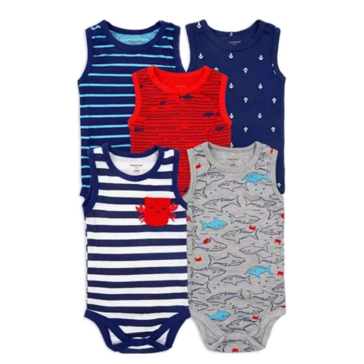 TEDMIMAK - Pack 5 Bodys Tedmimak Sin Manga Peces y Cangrejo 100% Algodón