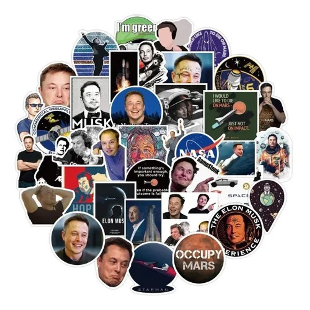GARSIL - 50 Stickers de Elon Musk - Etiquetas Autoadhesivas