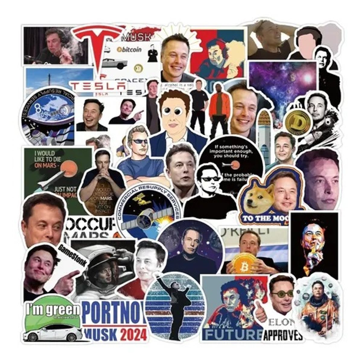 GARSIL - 50 Stickers de Elon Musk - Etiquetas Autoadhesivas