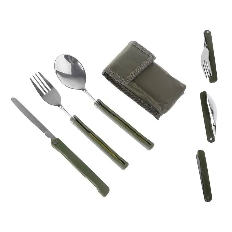 GENERICO - Set 3 Cubiertos Portátil Plegable Multiuso Camping Trekking Verde