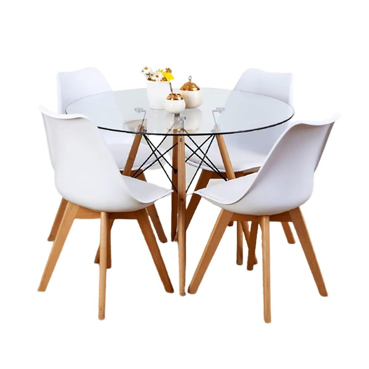 KLIK - Comedor Mesa Eames Vidrio 100 cm + 4 Sillas Tulip Blancas KLIK