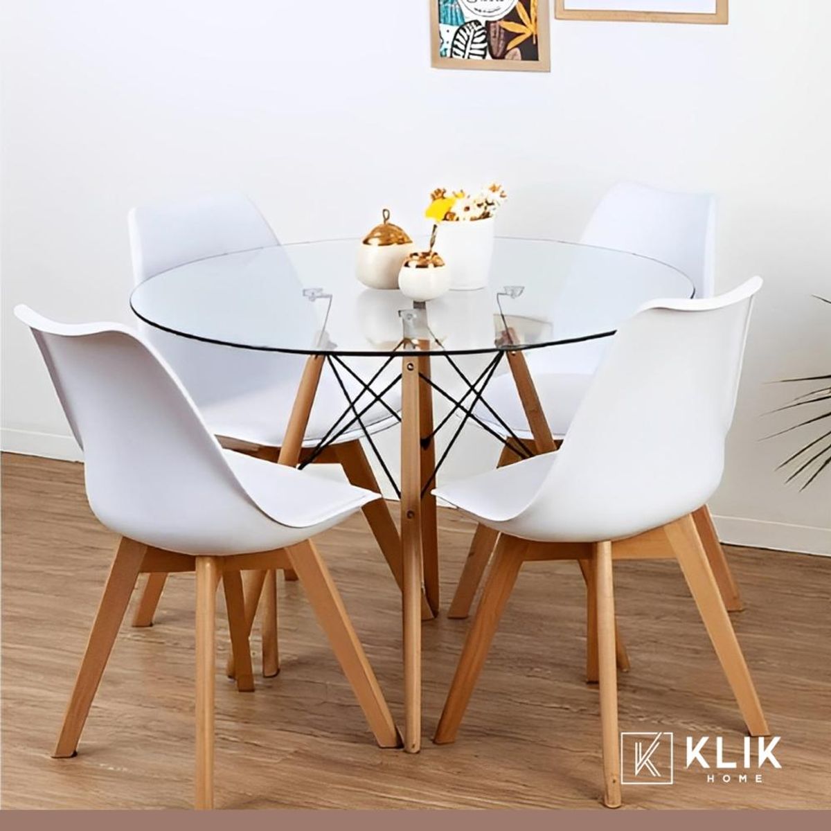 KLIK - Comedor Mesa Eames Vidrio 100 cm + 4 Sillas Tulip Blancas KLIK