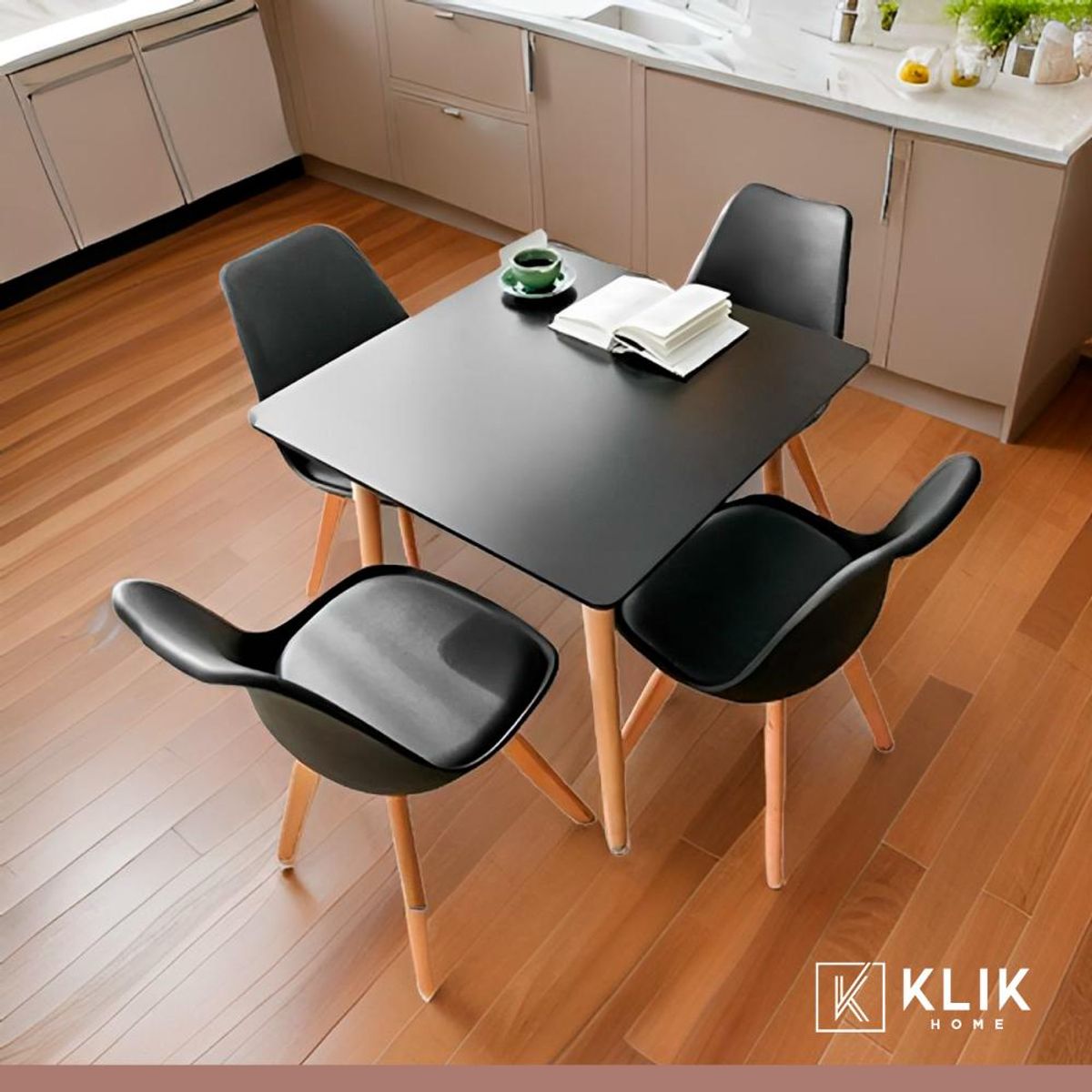 KLIK - Comedor cuadrado negro 80cm - 4 Sillas tulip negras KLIK