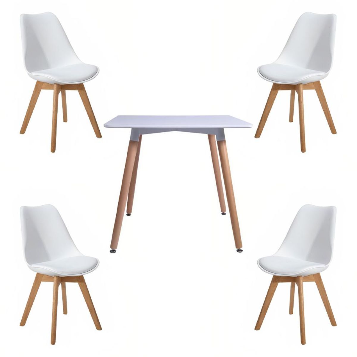 KLIK - Comedor Mesa Cuadrada Blanca + 4 Sillas Tulip Acolchadas Bla