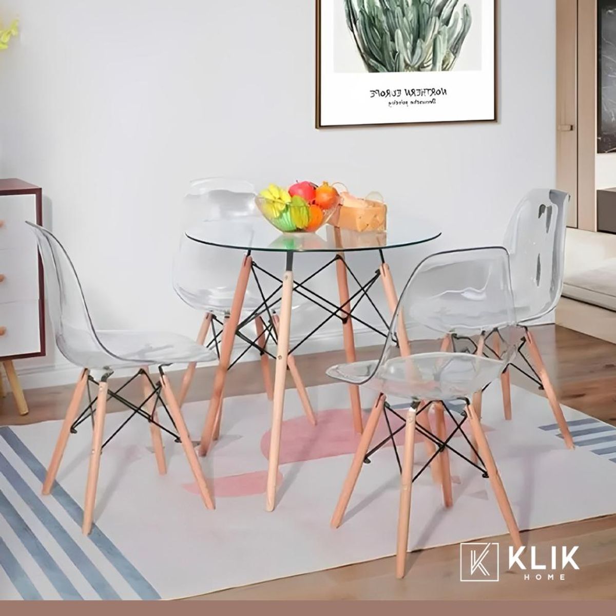 KLIK - Comedor Mesa Eames de Vidrio 80cm - 4 Sillas Eames transparentes KLIK
