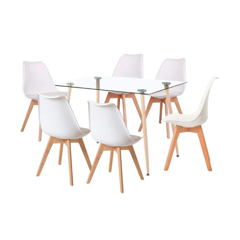Comedor Mesa de Vidrio Rectangular 120x80 + 6 Sillas Tulip Blancas