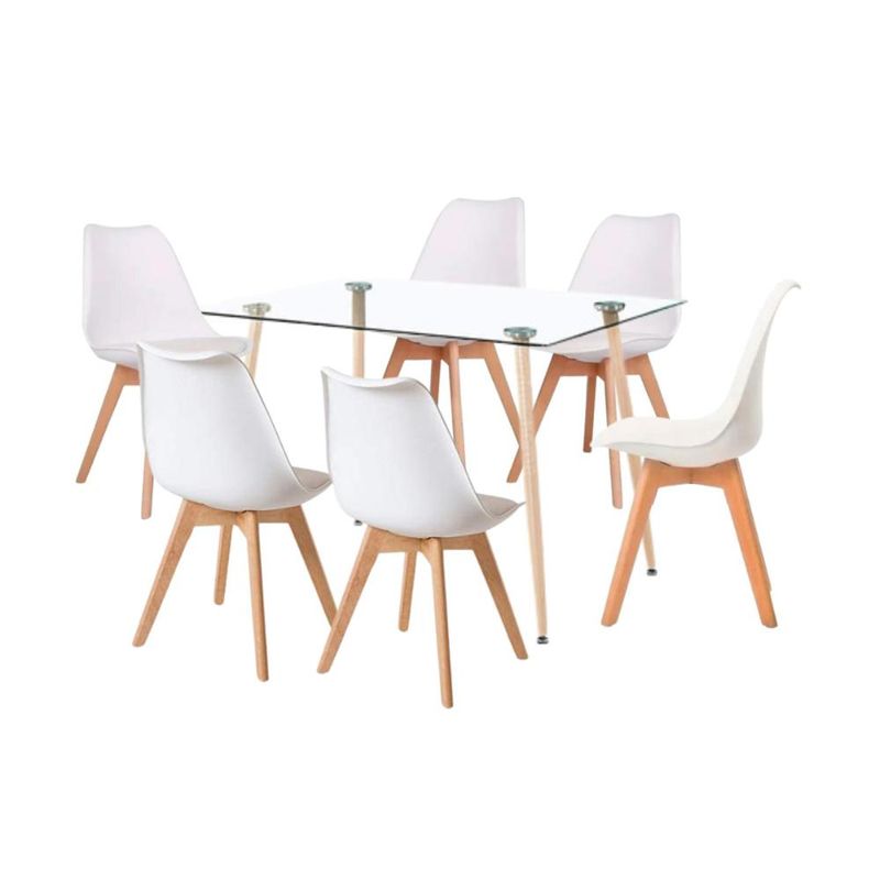 KLIK - Comedor Mesa de Vidrio Rectangular 120x80 + 6 Sillas Tulip Blancas