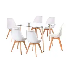 KLIK - Comedor Mesa de Vidrio Rectangular 120x80 + 6 Sillas Tulip Blancas