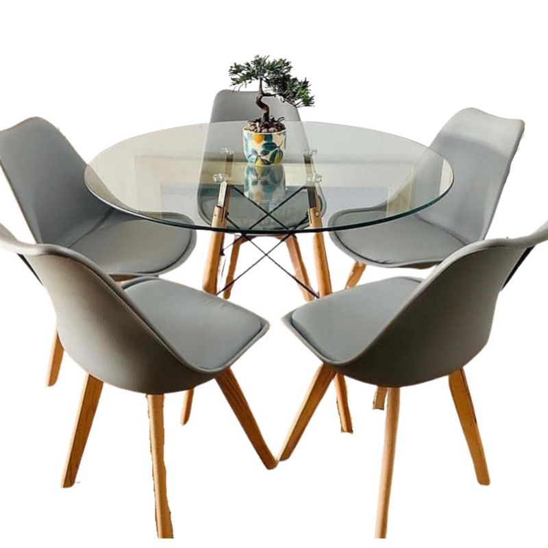 KLIK - Comedor Mesa Eames Vidrio 100 cm + 5 Sillas Tulip Grises KLIK