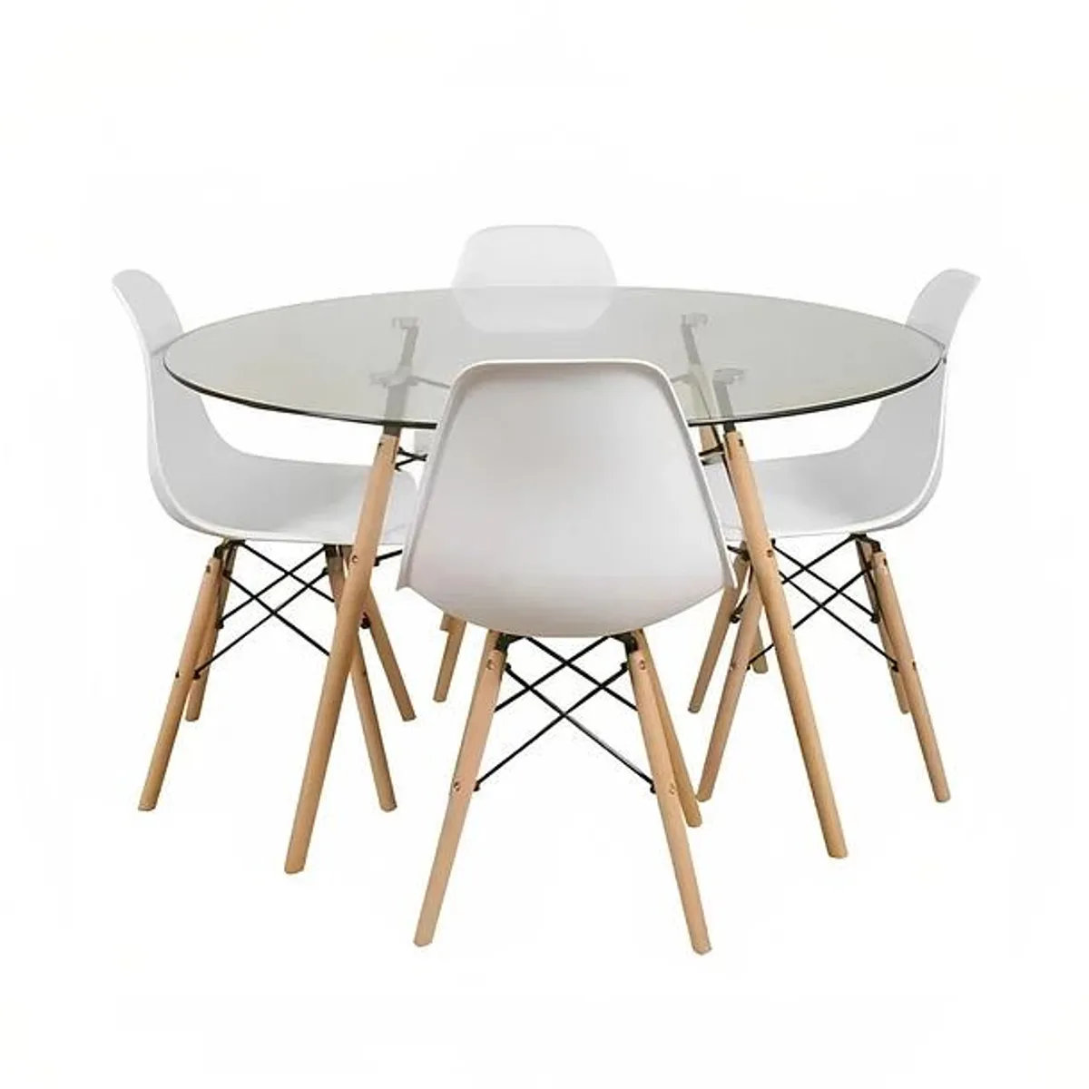 KLIK - Comedor Mesa Eames Vidrio 100cm + 4 Sillas Eames Blancas KLIK