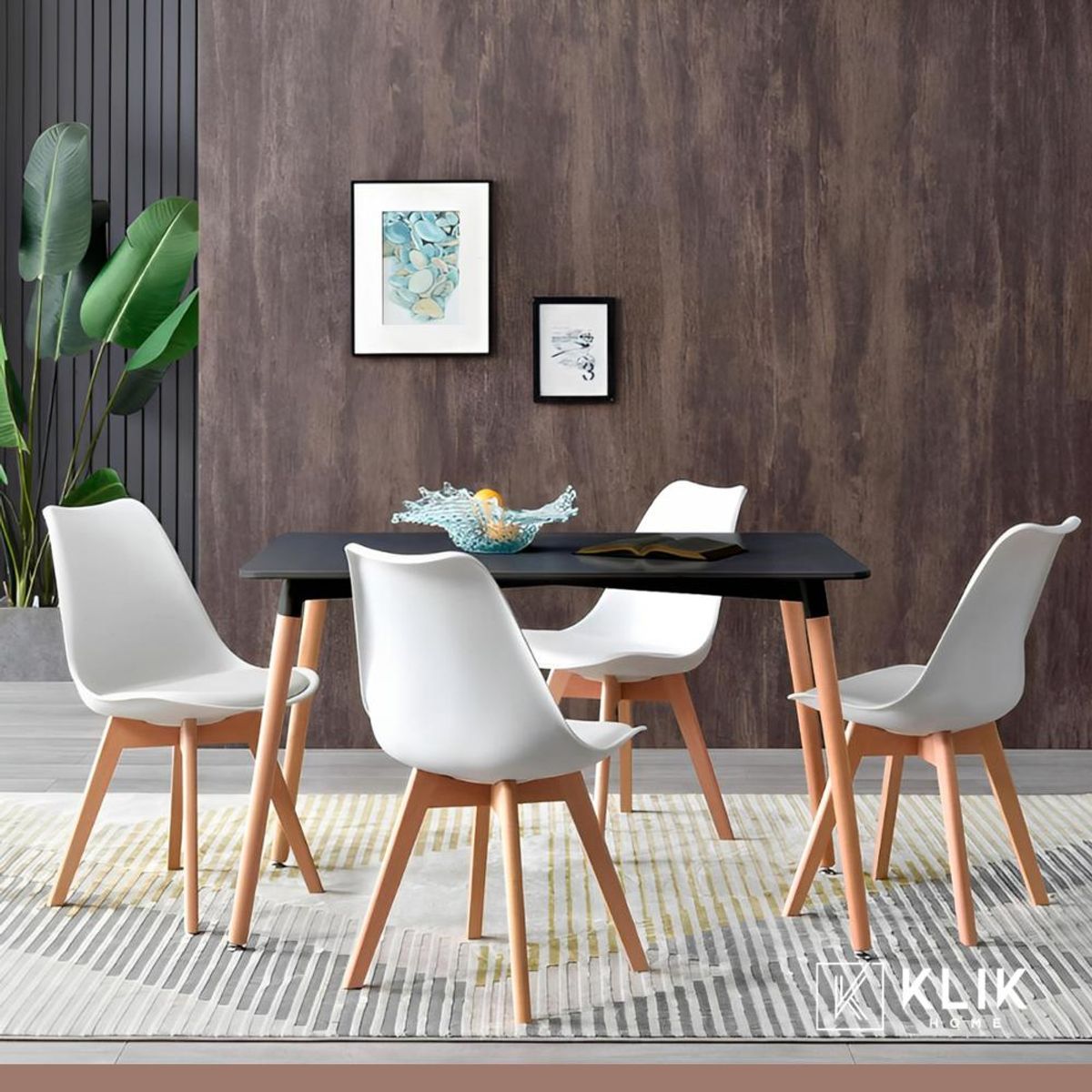 KLIK - Comedor Mesa Rectangular Negra 120x80 + 4 Sillas Tulip Blancas KLIK