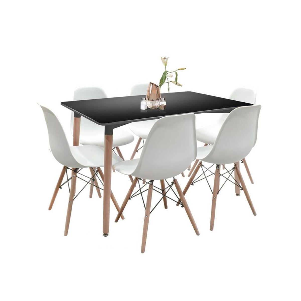 KLIK - Comedor Mesa Rectangular Negra + 6 Sillas Eames Blancas KLIK