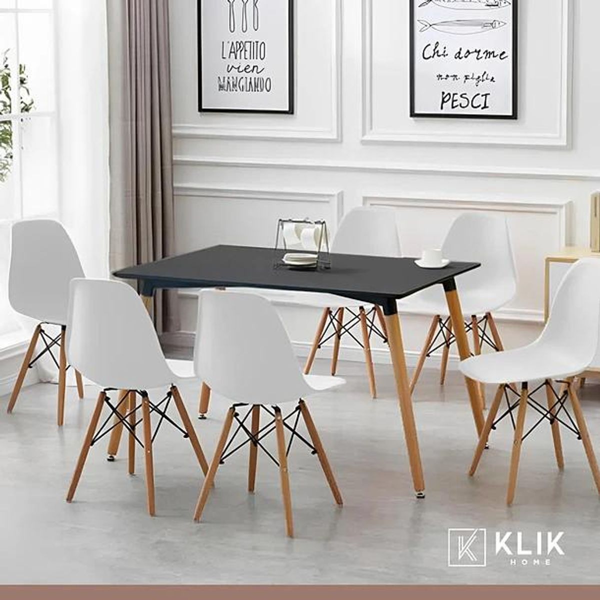 KLIK - Comedor Mesa Rectangular Negra + 6 Sillas Eames Blancas KLIK