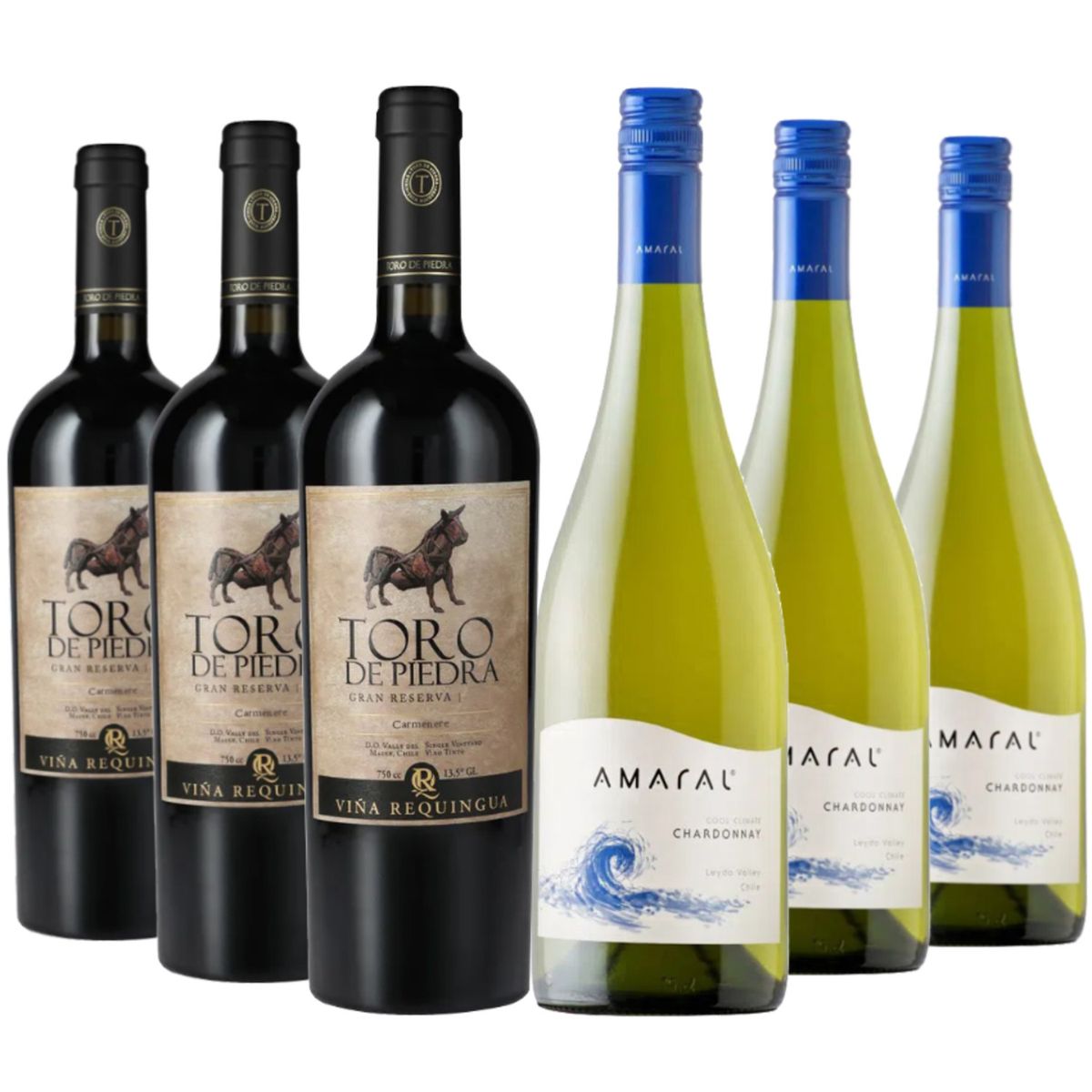 BBVINOS - 6 Vinos Pack: 3 Toro De Piedra Carmenere + 3 Amaral Chardonnay