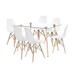 KLIK - Comedor Mesa de Vidrio Rectangular 120x80 + 6 Sillas Eames Blancas