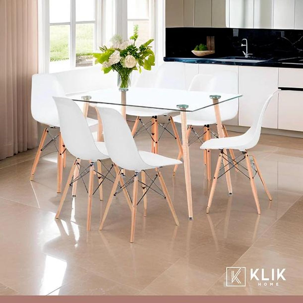 KLIK - Comedor Mesa de Vidrio Rectangular 120x80 + 6 Sillas Eames Blancas KLIK