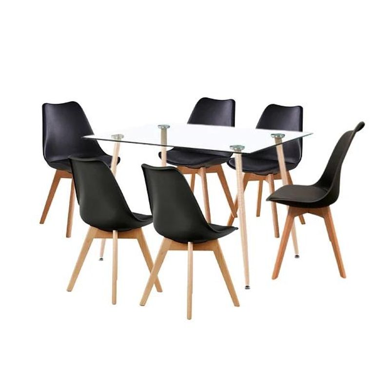 KLIK - Comedor Mesa de Vidrio Rectangular 120x80 + 6 Sillas Tulip Negras KLIK