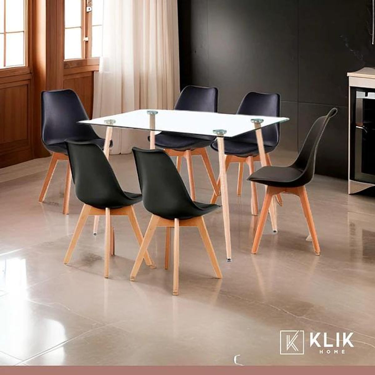 KLIK - Comedor Mesa de Vidrio Rectangular 120x80 + 6 Sillas Tulip Negras KLIK