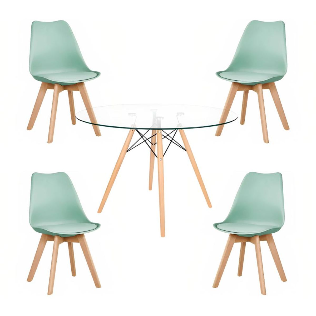 KLIK - Comedor Mesa Eames Vidrio 100 cm + 4 Sillas Tulip Menta KLIK