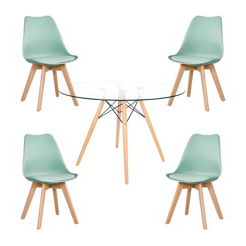 KLIK - Comedor Mesa Eames Vidrio 100 cm + 4 Sillas Tulip Menta KLIK