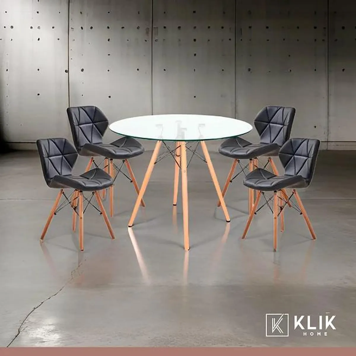 KLIK - Comedor Mesa Redonda de Vidrio 80cm + 4 Sillas Radar negras KLIK