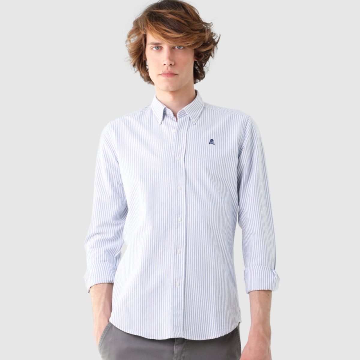 SCALPERS - Camisa Oxford Calavera Contraste Skyblue Stripes