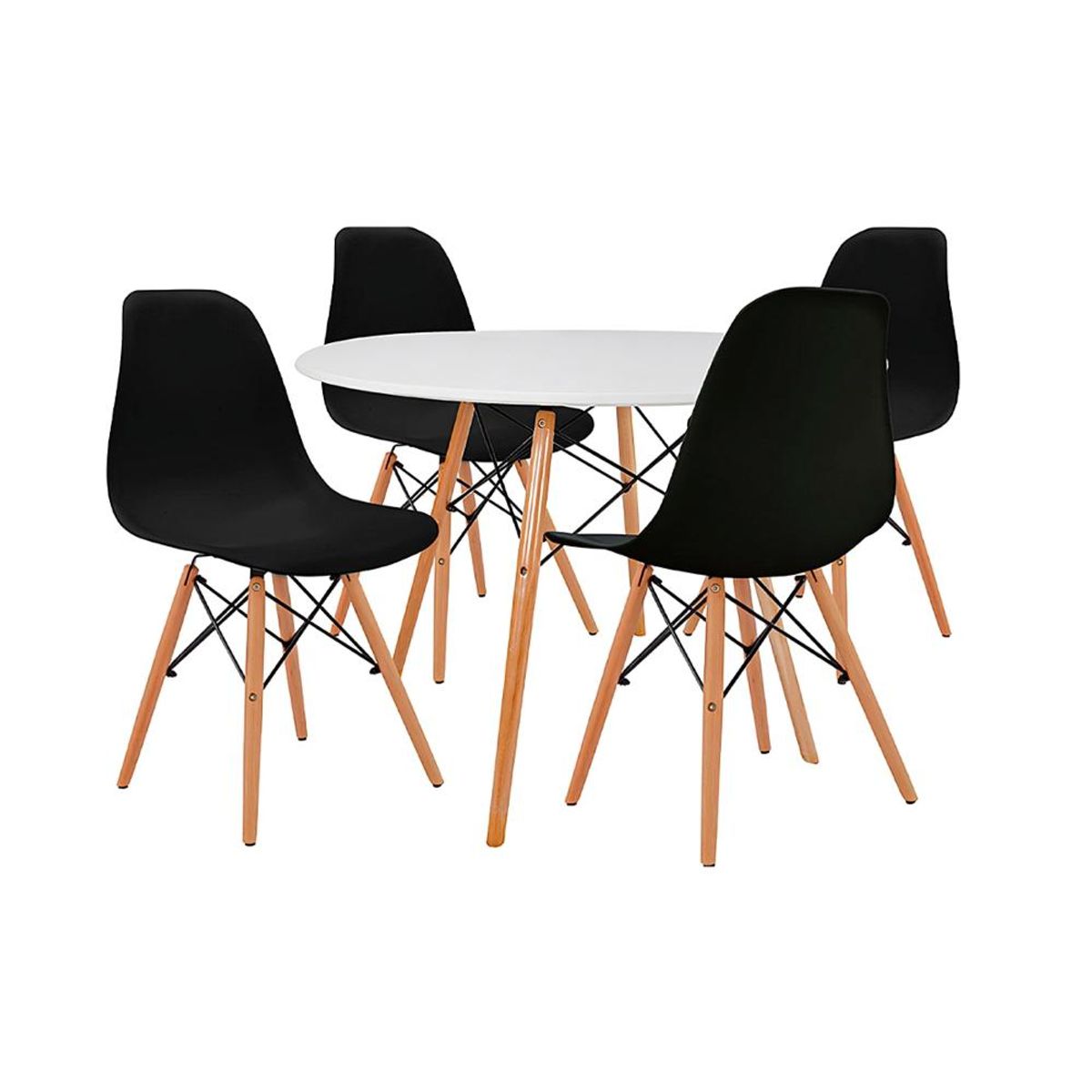 KLIK - Comedor Mesa Eames Redonda Blanca 80cm + 4 Sillas Eames Negras KLIK