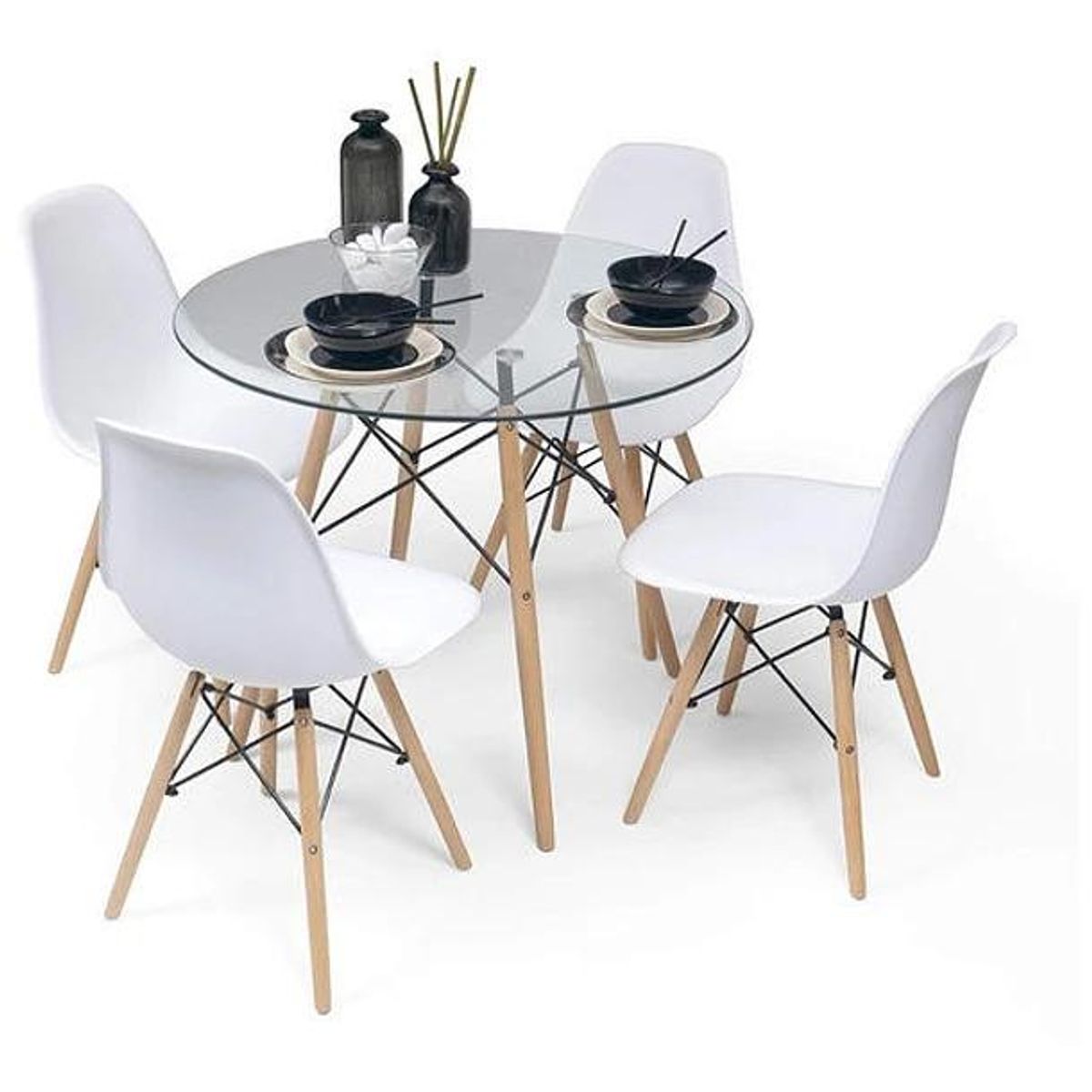 KLIK - Comedor Mesa Eames Vidrio 80cm + 4 Sillas Eames Blancas KLIK
