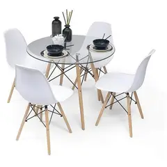 KLIK - Comedor Mesa Eames Vidrio 80cm + 4 Sillas Eames Blancas