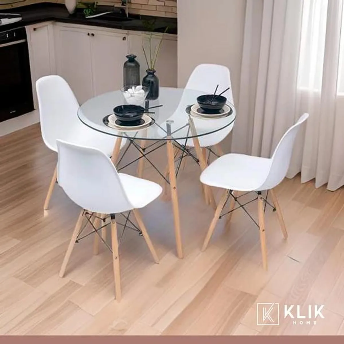 KLIK - Comedor Mesa Eames Vidrio 80cm + 4 Sillas Eames Blancas KLIK