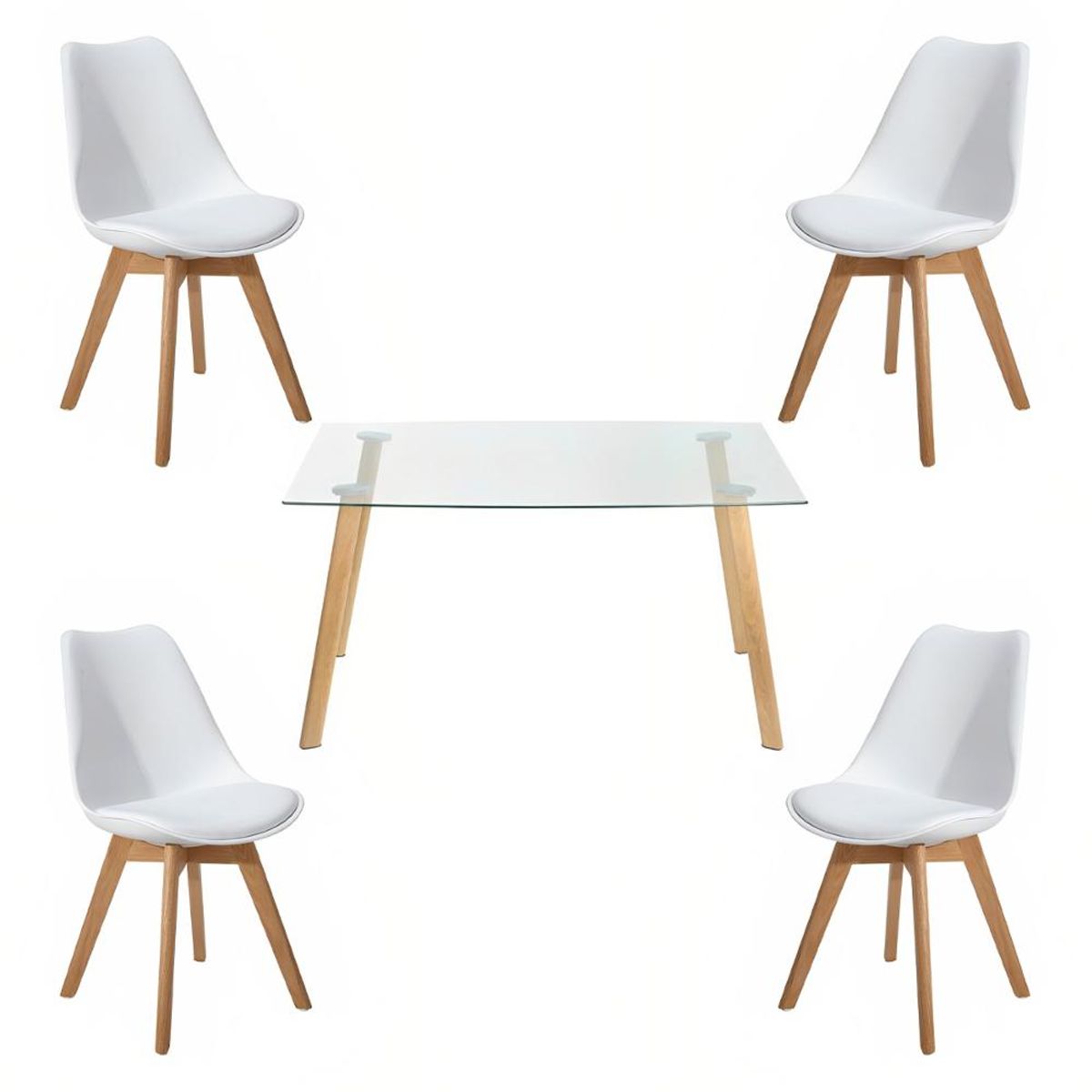 KLIK - Comedor Mesa de Vidrio Nórdica 140x90 cm + 4 Sillas Tulip Blancas KLIK